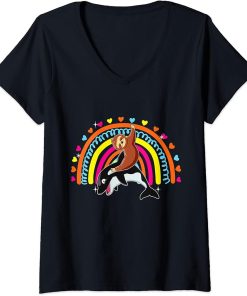 Womens Sloth Riding Orca Funny Zoo Animal Rainbow Hearts Lover Kids V-Neck T-Shirt