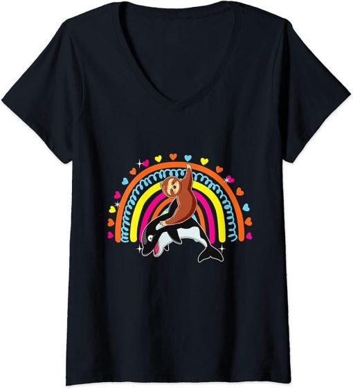 Womens Sloth Riding Orca Funny Zoo Animal Rainbow Hearts Lover Kids V-Neck T-Shirt