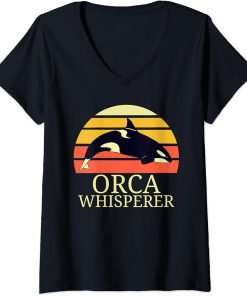 Womens Vintage Orca Whisperer Retro Sunset Funny Orca Killer Whale V-Neck T-Shirt