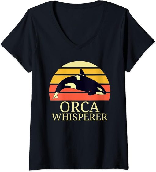 Womens Vintage Orca Whisperer Retro Sunset Funny Orca Killer Whale V-Neck T-Shirt