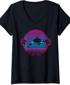 Womens Killer Whale Orca Sea Ocean Retro Vintage Sunset Grid Gift V-Neck T-Shirt