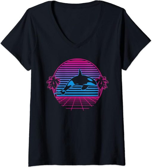 Womens Killer Whale Orca Sea Ocean Retro Vintage Sunset Grid Gift V-Neck T-Shirt