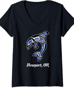 Womens Blue Native American Newport OR Tribal Orca Killer Whale V-Neck T-Shirt