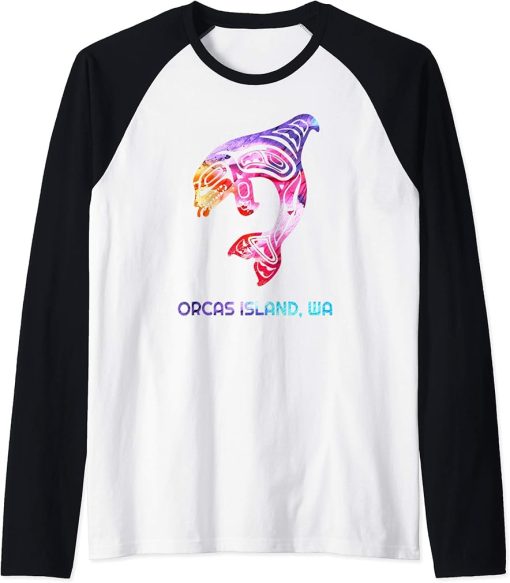 Orcas Island Washington Native American Orca Killer Whale Raglan Baseball Tee