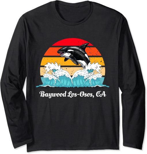 Vintage Baywood Los-Osos CA Distressed Orca Killer Whale Art Long Sleeve T-Shirt