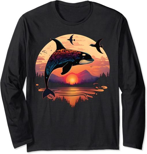 Colourful mystical orca whale watching dolphin pottwhale orca whale Long Sleeve T-Shirt