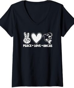 Womens Funny Whales Peace Love Orcas Orca Lovers V-Neck T-Shirt