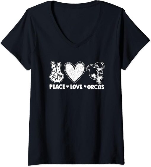 Womens Funny Whales Peace Love Orcas Orca Lovers V-Neck T-Shirt